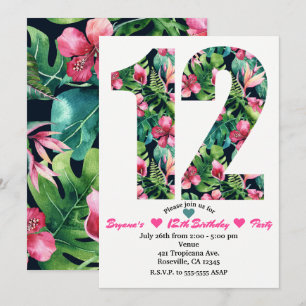 Tropical Floral 12 12th Birthday Party Invitation