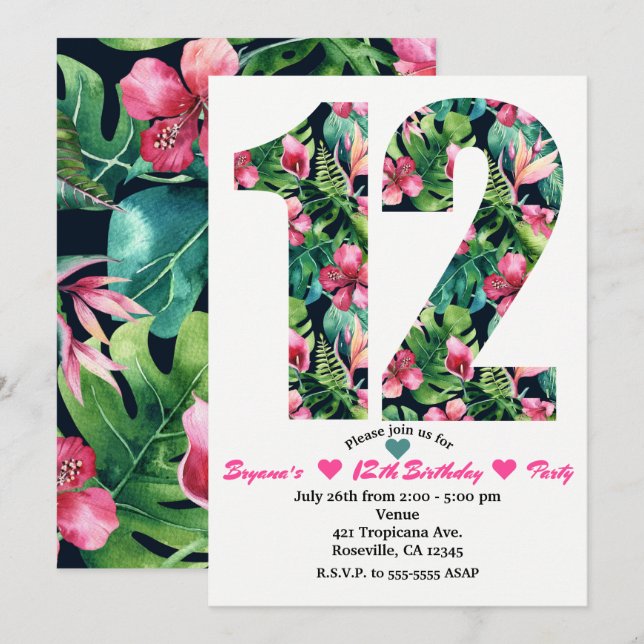 Tropical Floral 12 12th Birthday Party Invitation (Front/Back)