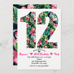 Tropical Floral 12 12th Birthday Party Invitation