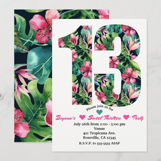 Tropical Floral 13 13th Birthday Party Invitation (Front/Back)