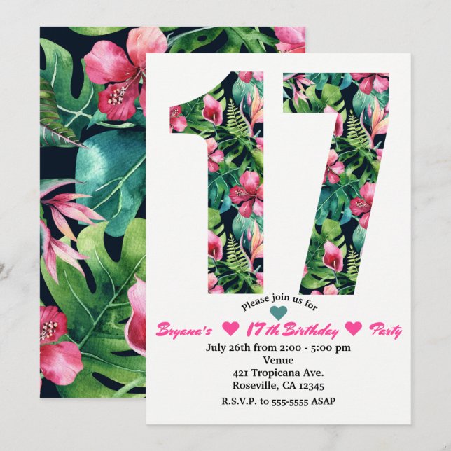 Tropical Floral 17 17th Birthday Party Invitation (Front/Back)