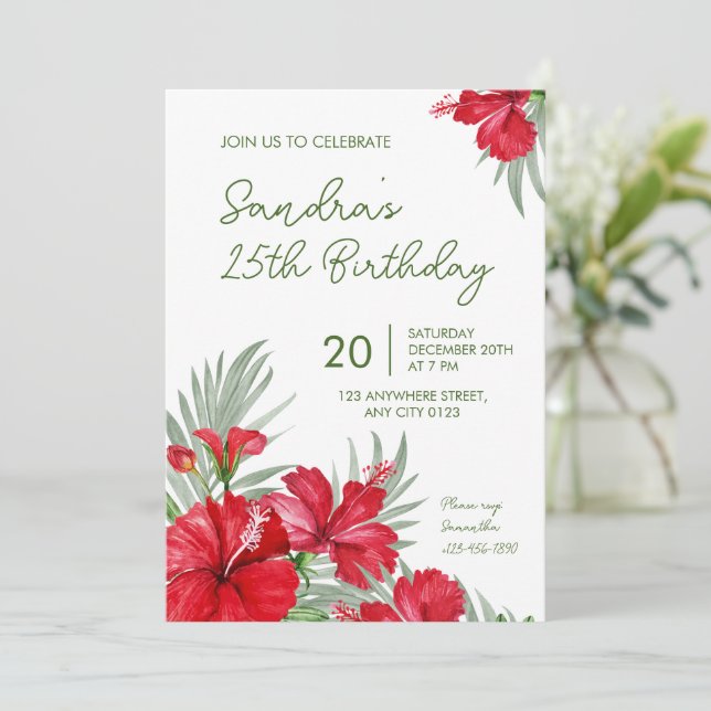 Tropical Floral 25th Birthday Invitation (Standing Front)