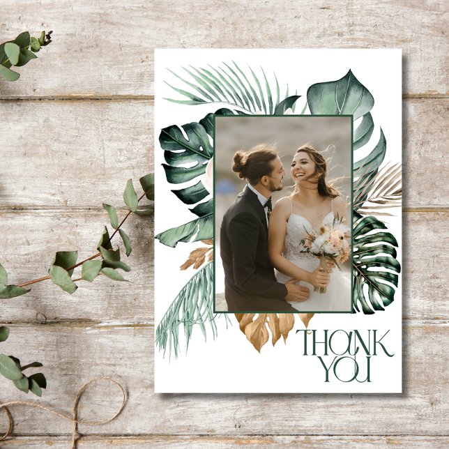 Tropical Floral 2 Photo Beach Wedding Thank You Card (Tropical Floral 2 Photo Beach Wedding Thank You Card)
