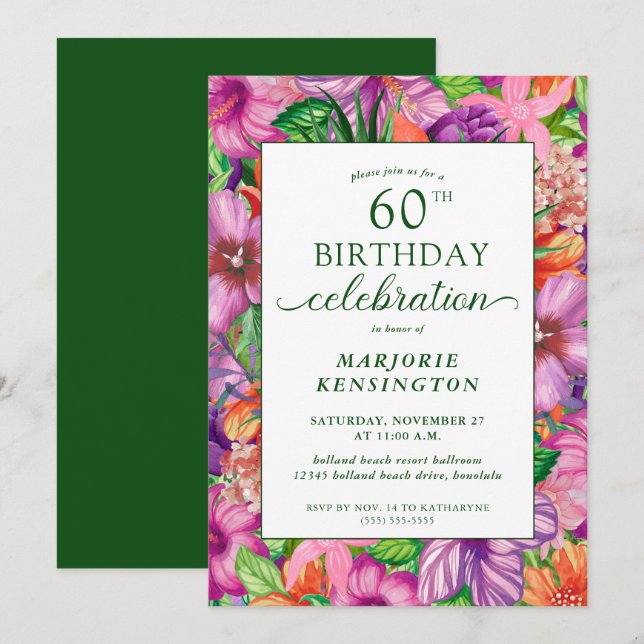 Tropical Floral 60th Birthday Party Invitation (Front/Back)