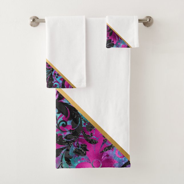 TROPICAL FLORAL ABSTRACT WHITE BATHROOM TOWEL SET (Insitu)