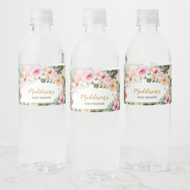 Tropical Floral Aloha Baby Shower  Water Bottle Label (Bottles)