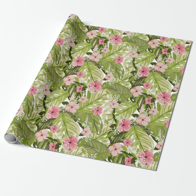 Tropical Floral and Leaves Wrapping Paper (Unrolled)