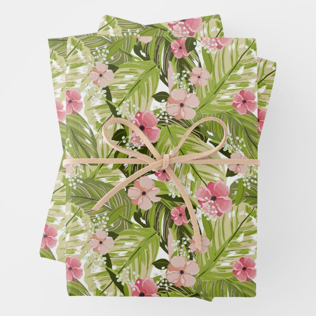 Tropical Floral and Leaves Wrapping Paper Sheet (In situ)