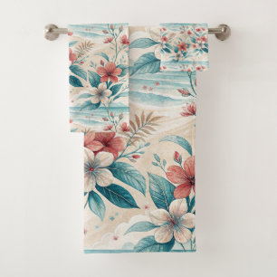 Tropical Floral Aqua Coral Coastal Elegance Design Bath Towel Set