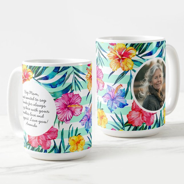 Tropical Floral | Aqua Stripe | Mother's Day Photo Coffee Mug (Tropical Floral | Aqua Stripe | Mother's Day Photo Coffee Mug)