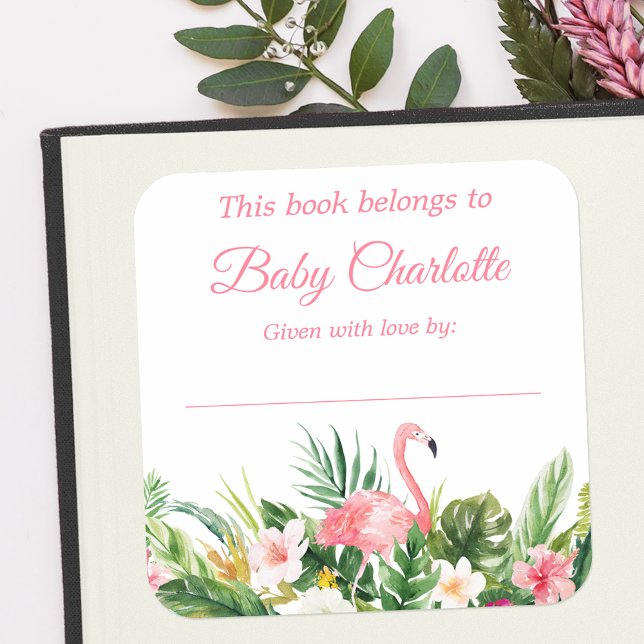 Tropical Floral Baby Shower Pink Bookplate Labels (Customize to change text size, color or text style.)