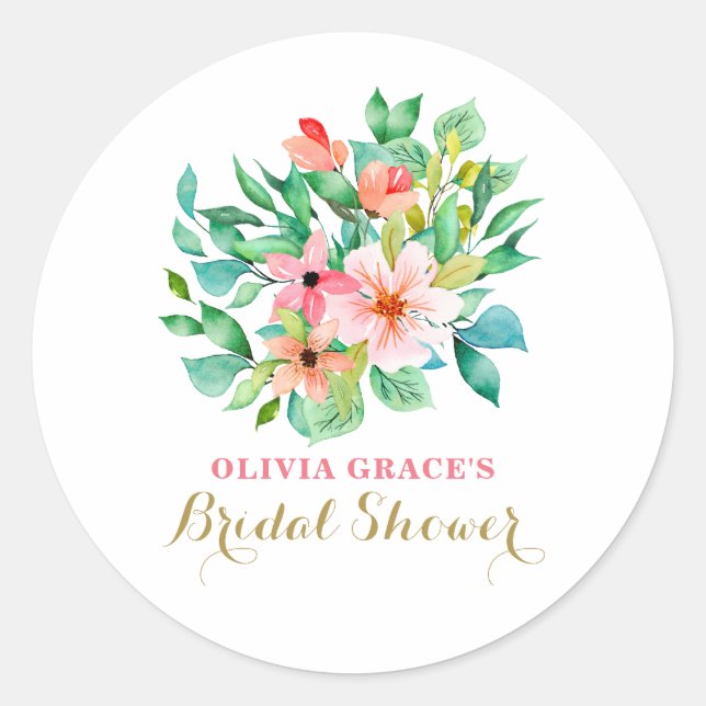 Tropical floral beach bridal shower classic round sticker (Front)