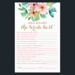 Tropical floral beach bridal shower Game Flyer<br><div class="desc">Who knows the Bride best Bridal shower game. Tropical floral beach design.</div>