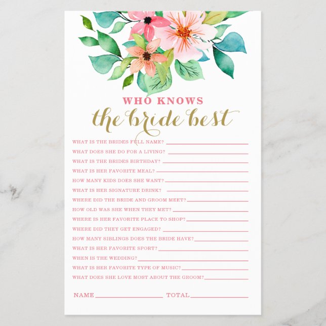 Tropical floral beach bridal shower Game Flyer (Front)