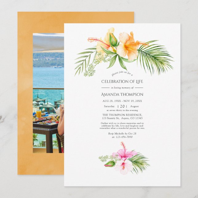 Tropical Floral Beach Celebration of Life Invitation (Front/Back)