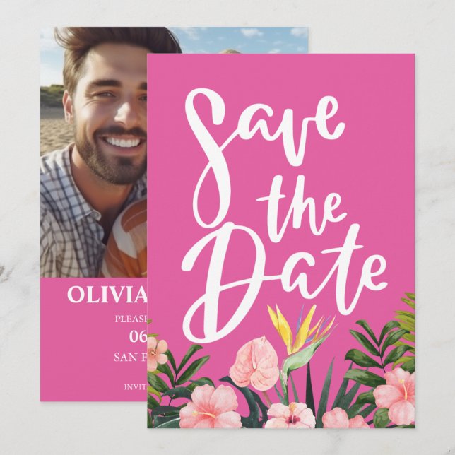 Tropical floral Beach & Destination  Wedding Save The Date (Front/Back)