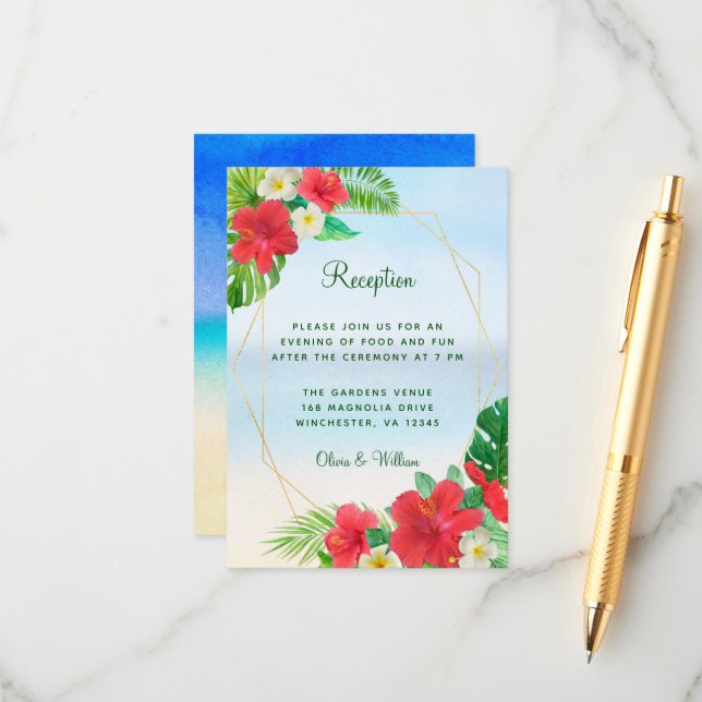 Tropical Floral Beach Gold Wedding Reception Enclosure Card (Front/Back In Situ)