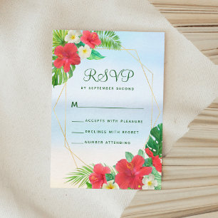 Tropical Floral Beach Gold Wedding RSVP Card
