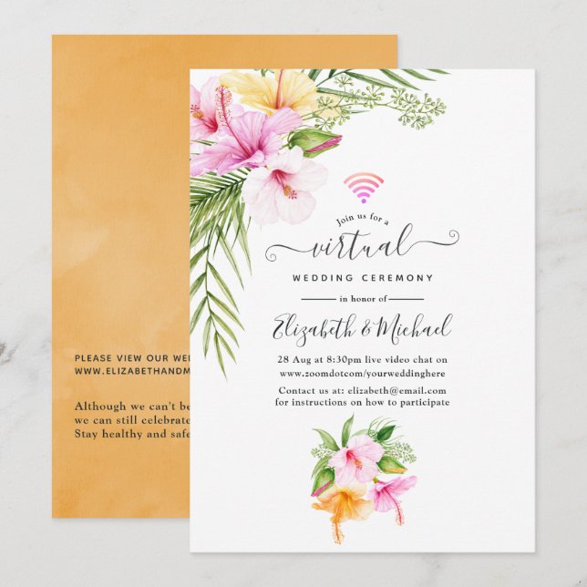 Tropical Floral Beach Online Virtual Wedding Invitation (Front/Back)