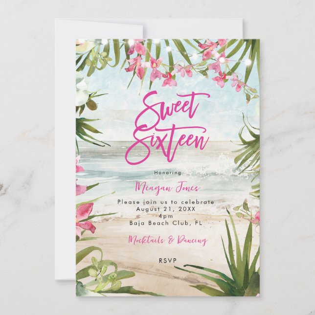 tropical floral beach sweet 16 party invitation (Front)