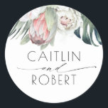 Tropical Floral Beach Wedding Classic Round Sticker<br><div class="desc">Seaside wedding stickers</div>