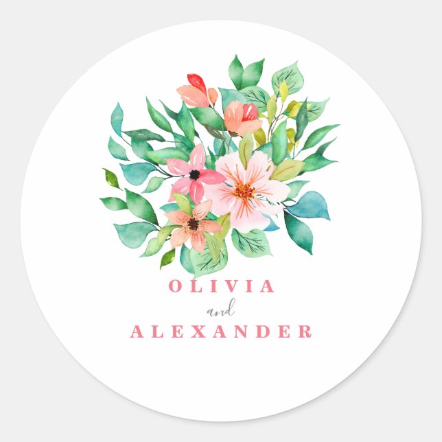 Tropical floral beach wedding classic round sticker (Front)