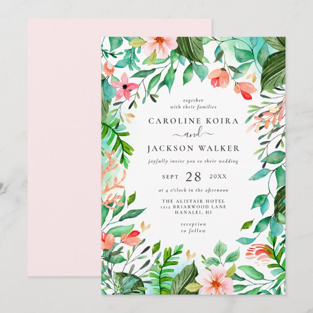 Tropical Floral Beach Wedding Invitation (Front/Back)