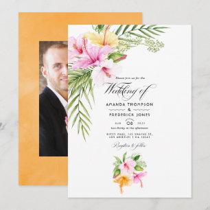 Tropical Floral Beach Wedding Photo Invitation