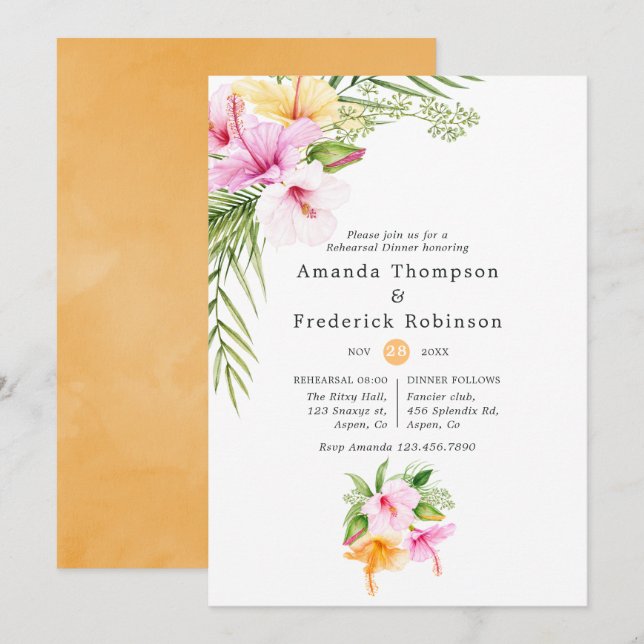 Tropical Floral Beach Wedding Rehearsal Dinner Invitation (Front/Back)