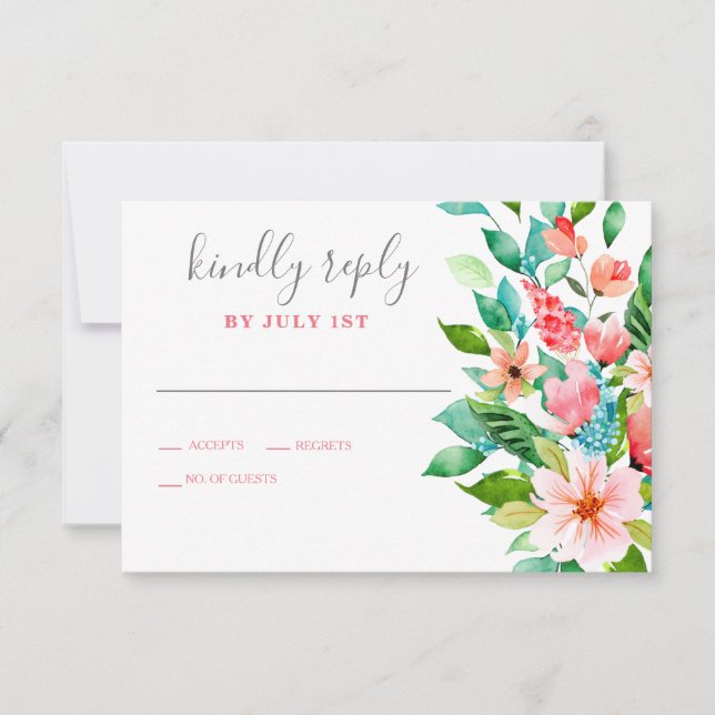 Tropical Floral beach Wedding RSVP Card (Front)