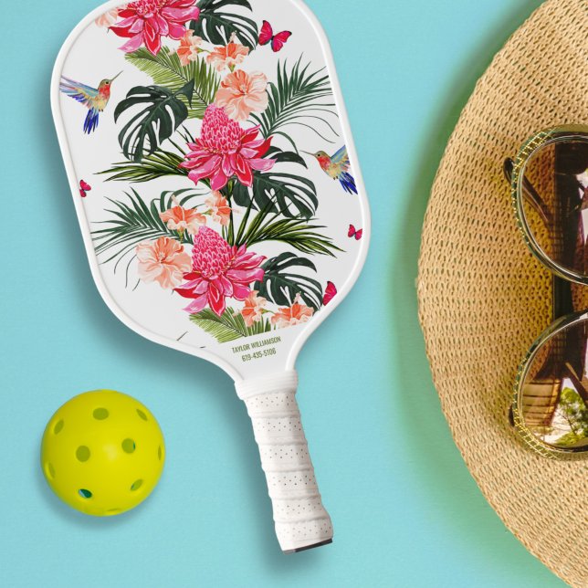 Tropical Floral Bird Butterfly Custom Name Phone # Pickleball Paddle (Creator Uploaded)
