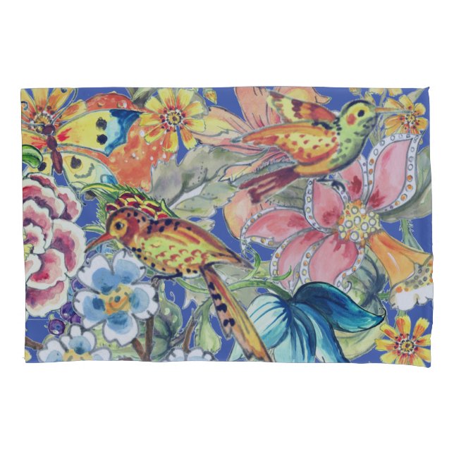 Tropical Floral Bird Butterfly Oriental Colourful Pillowcase (Front-Left)