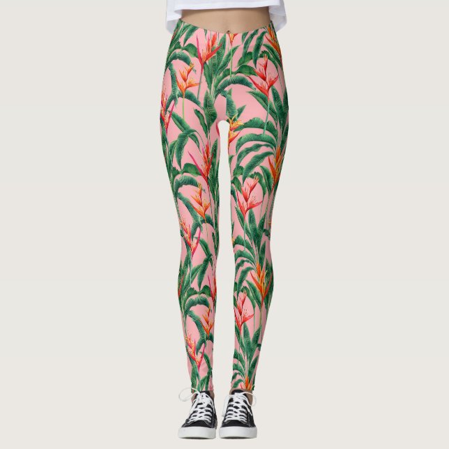 Tropical Floral Birds Of Paradise Flower Palm Leaf Leggings (Front)