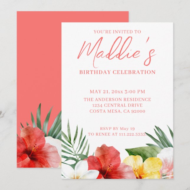 Tropical Floral Birthday Invitation (Front/Back)