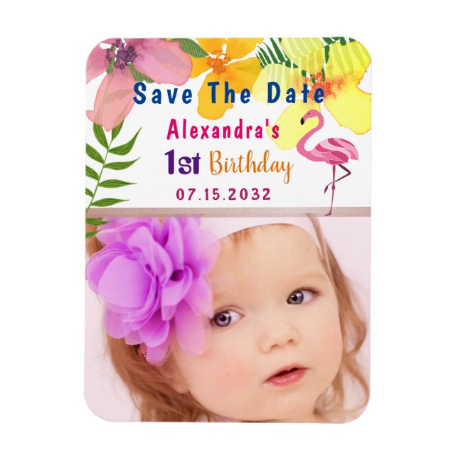 Tropical Floral Birthday Photo Save the Date Magnet (Vertical)