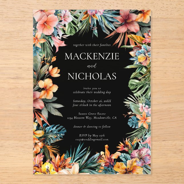 Tropical Floral Black Acrylic Wedding  Invitation (Front)