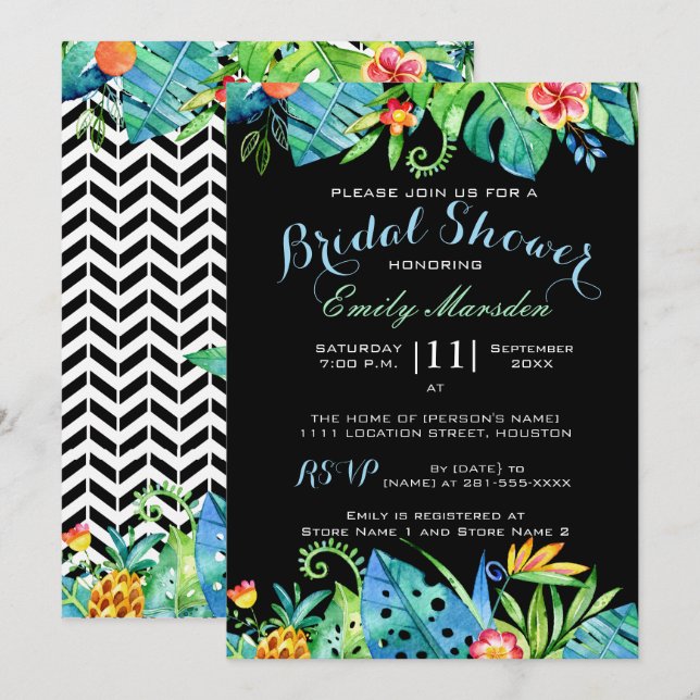 Tropical Floral Black Bridal Shower Invitation (Front/Back)