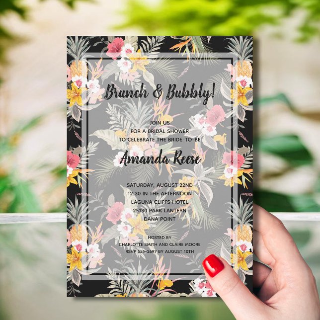Tropical Floral Black Bridal Shower Invitation (Brunch and Bubbly Tropical Bridal Shower Invitations - INSTANT DOWNLOAD and/or PRINTED)