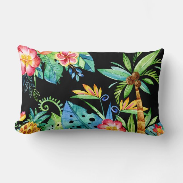 Tropical Floral Black Lumbar Cushion (Front)