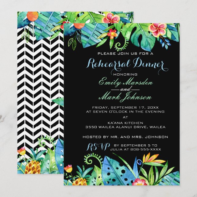 Tropical Floral Black Rehearsal Dinner Invitation (Front/Back)