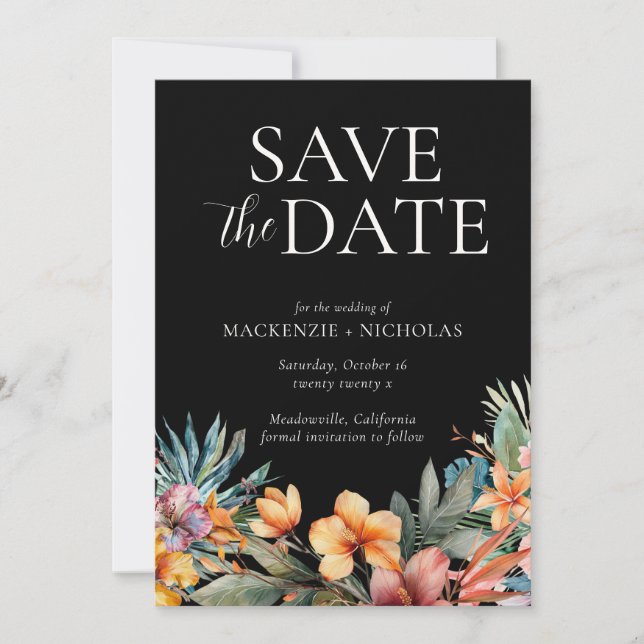 Tropical Floral Black Save the Date Invitation (Front)