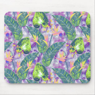 Tropical floral, Botanical, lilac, green, pink, fl Mouse Mat