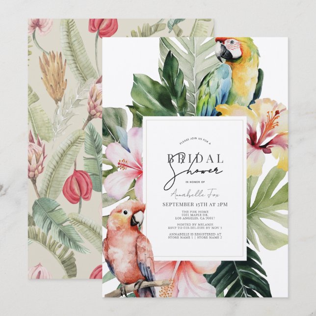 Tropical Floral & Botanical Parrot Bridal Shower Invitation (Front/Back)