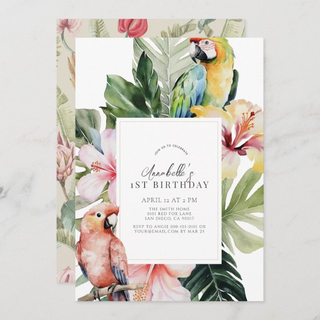 Tropical Floral Botanical Parrot Wht 1st Birthday Invitation (Front/Back)