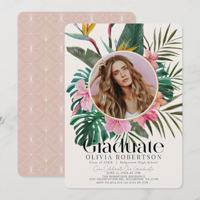 Tropical Floral & Botanical Photo Graduation Invitation (Front/Back)
