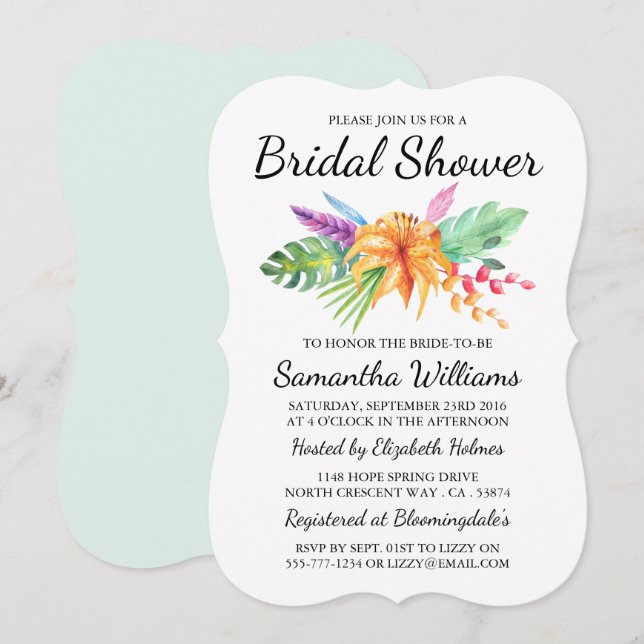 Tropical Floral Bouquet Beach Bridal Shower Invitation (Front/Back)