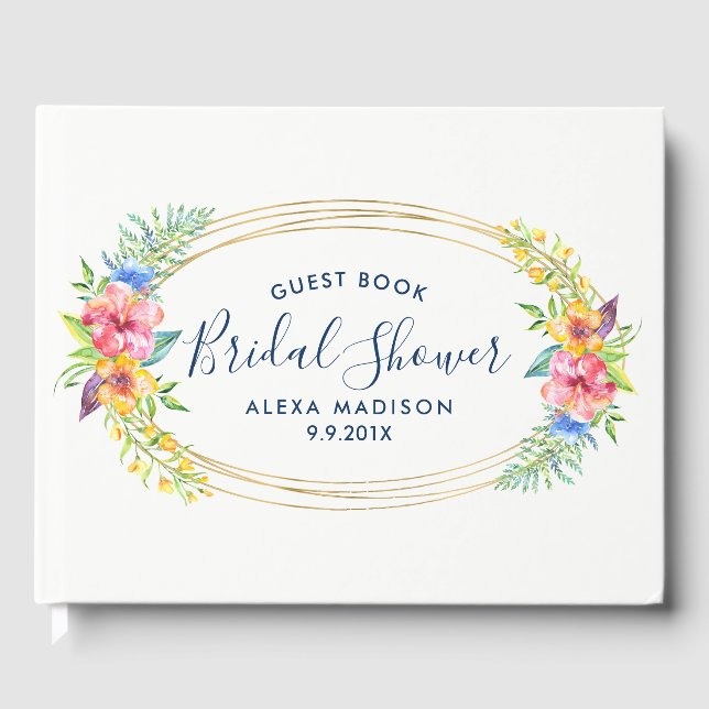 Tropical floral bouquet modern oval frame guest book (Front)