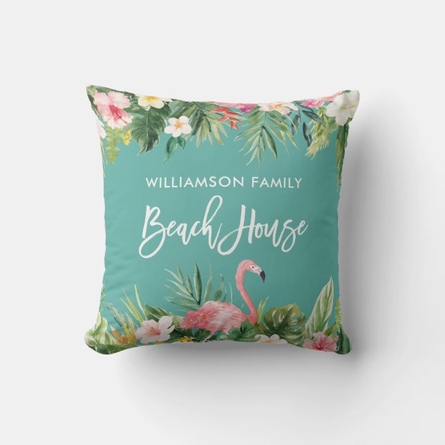 Tropical Floral Brush Script Family Beach House Cushion (Front)