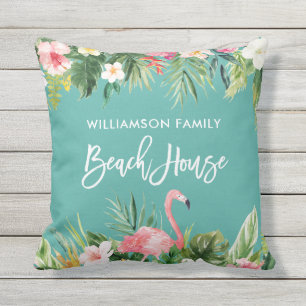 Tropical Floral Brush Script Family Beach House Cushion