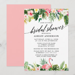 Tropical Floral Calligraphy Bridal Shower Pink Invitation